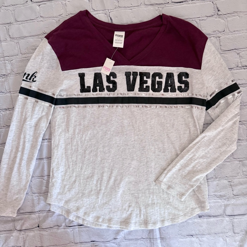 RARE Sequin Las Vegas Long Sleeve Grey Heather Tee 2015 NWT Size Large